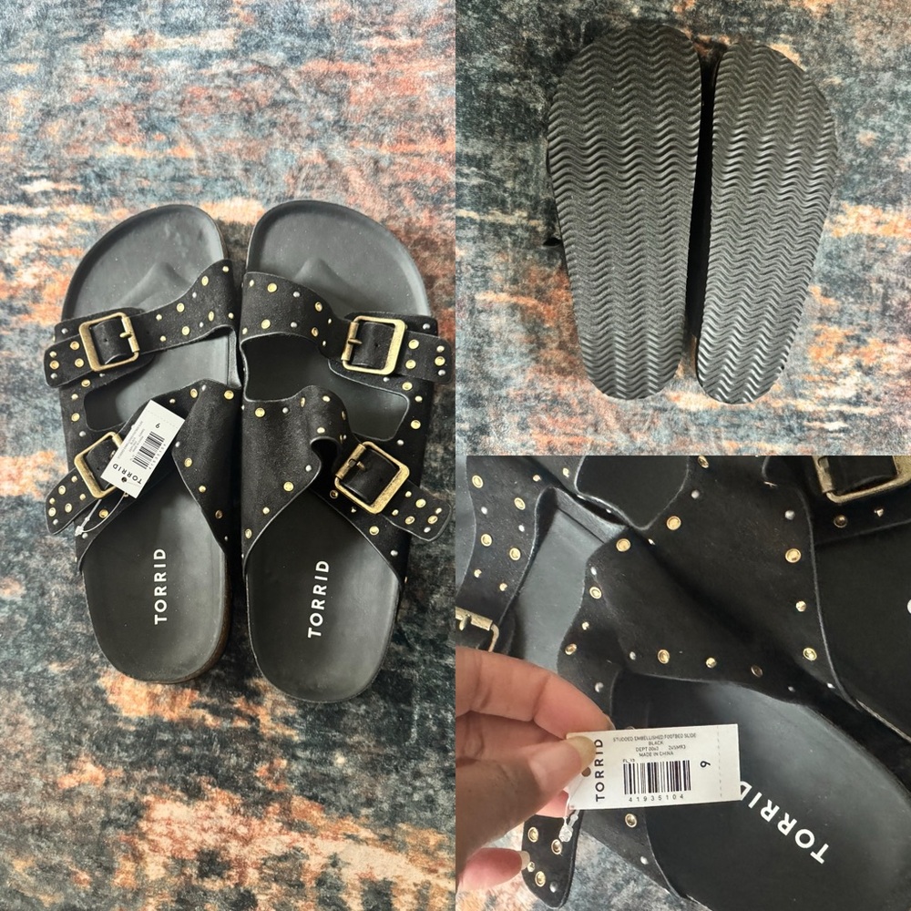torrid Black Slide Sandals with Gold Studs and Buckles